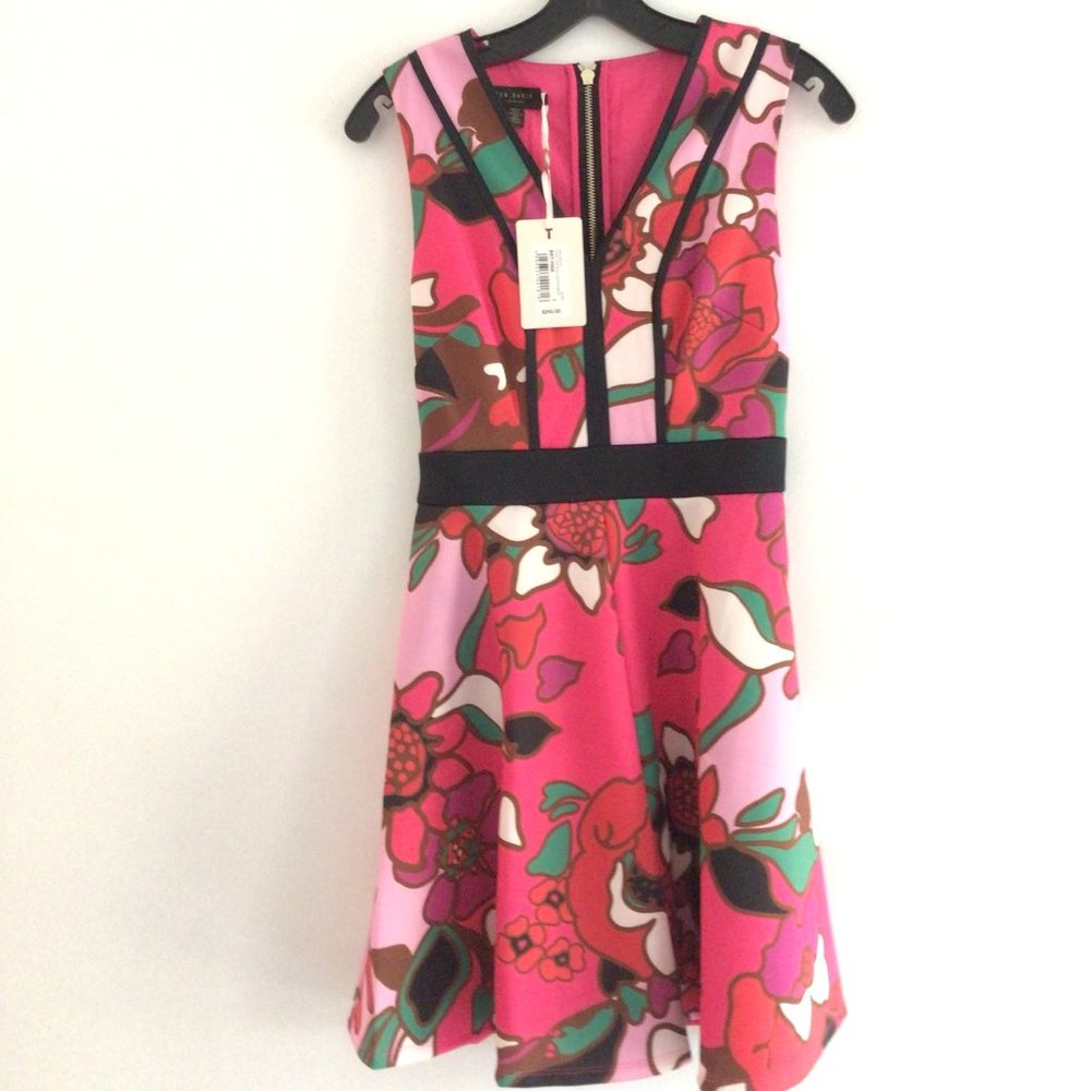 NWT Ted Baker Bright Pink Arilina Pinata Pipe Detail Skater Dress Size 1(US 4)